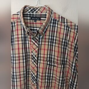 Vintage James Pringle xl button down plaid shirt mens tan white red black embroi